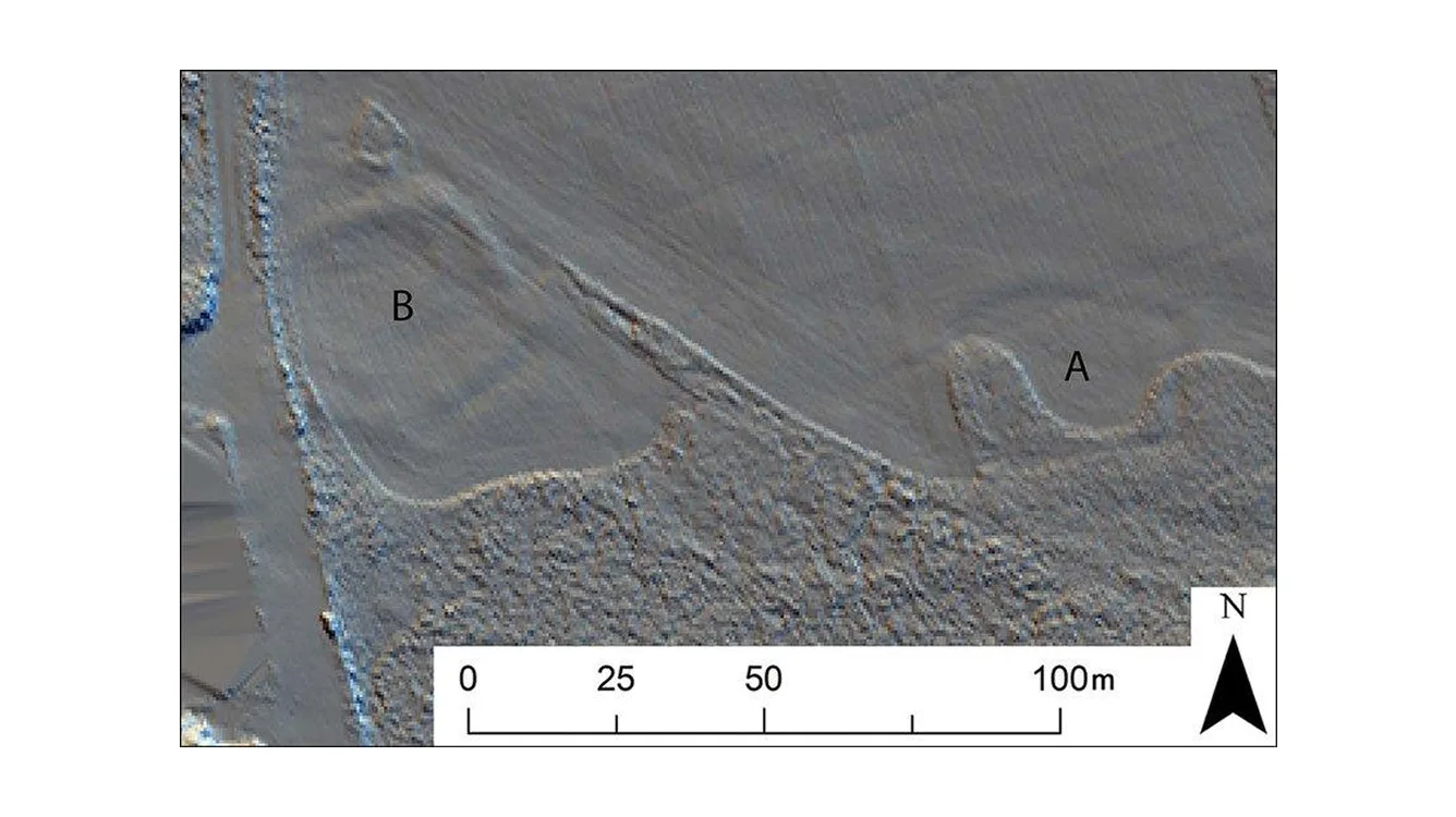 Orthographic hillshade view of a survey area with scale bar Orthographic hillshade view of a survey area with scale bar